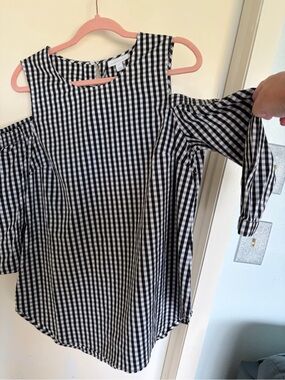 New Charter Club Black & White Gingham Cold-Shoulder Blouse